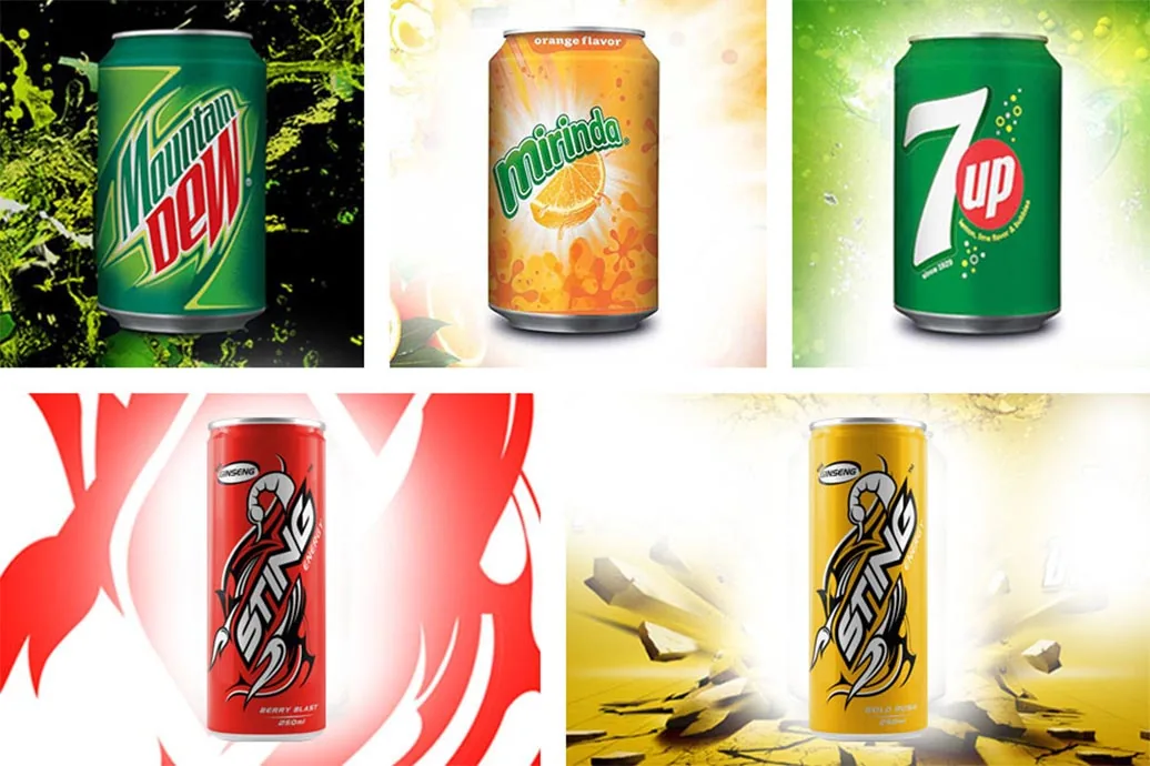 Mountain Dew, Mirinda, 7UP and Sting cans